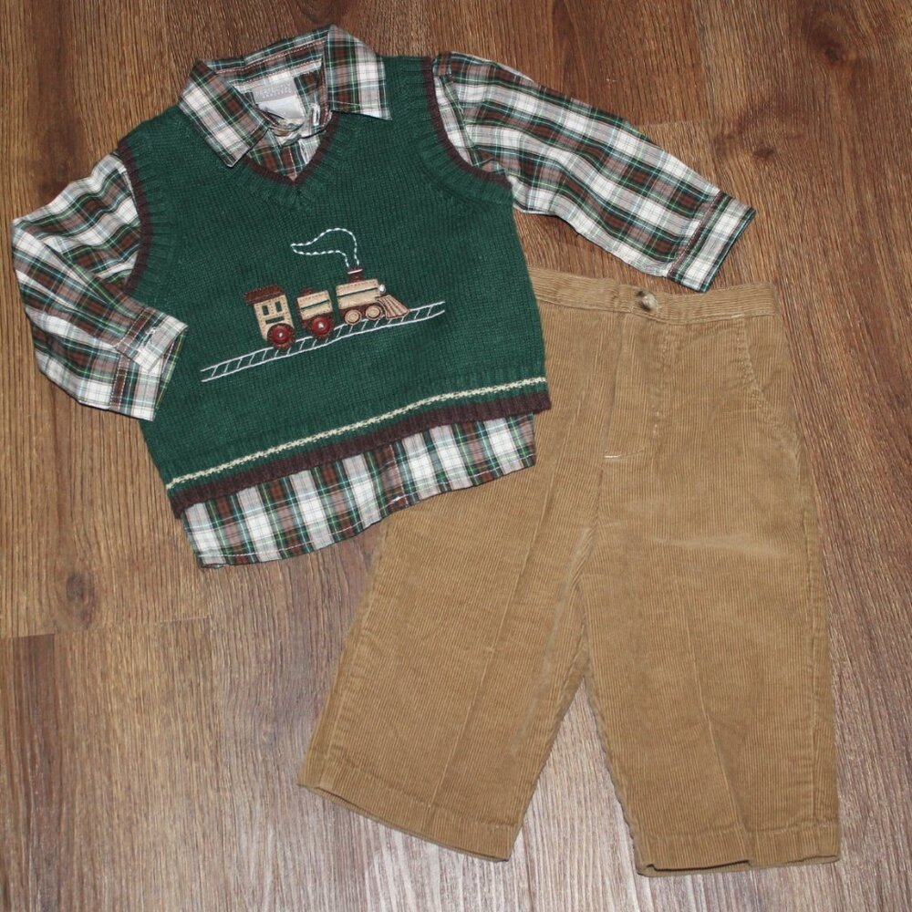 Infant Boys Perfectly Dressed 3pc Train Applique Sweater Vest Shirt Pants Set 9m